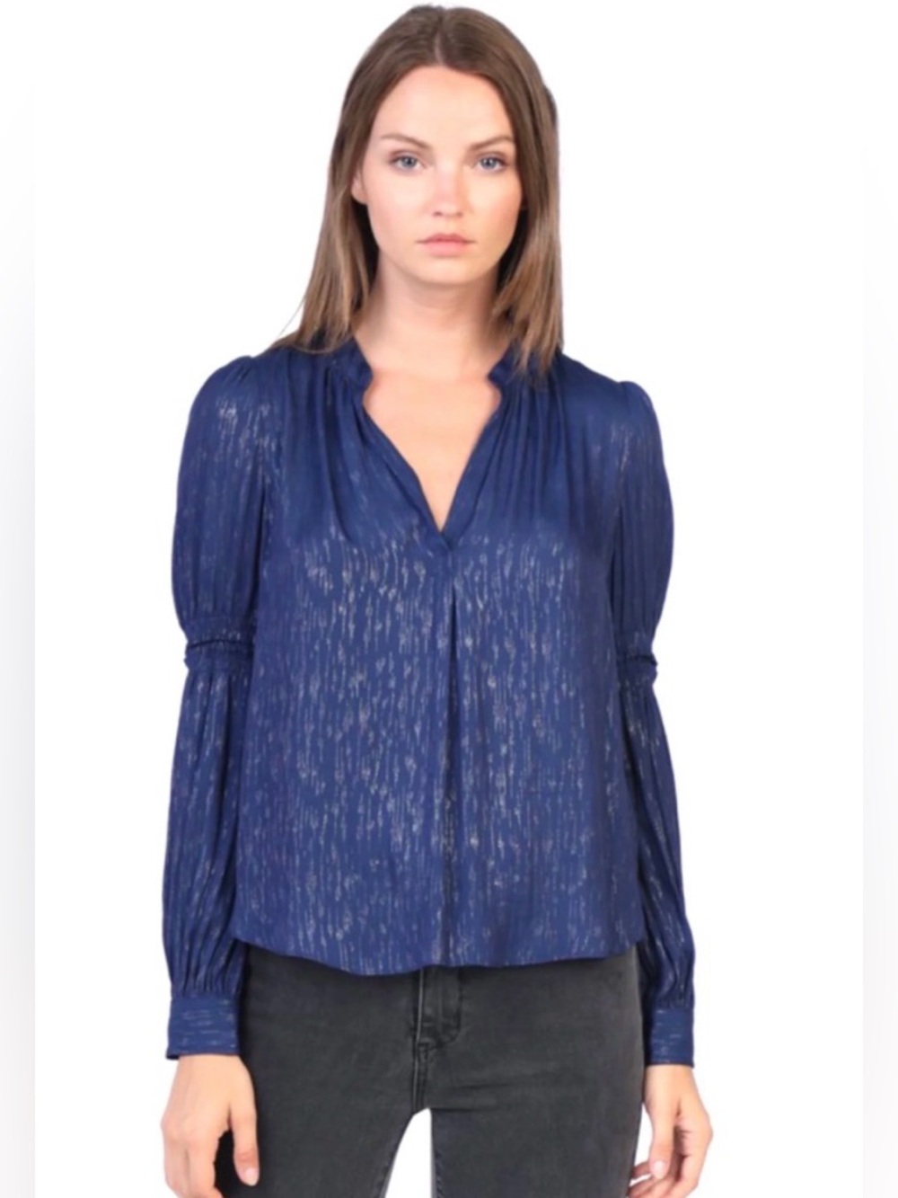 Current Air Navy Blue Metallic-Thread V-Neck Long Sleeve Blouse